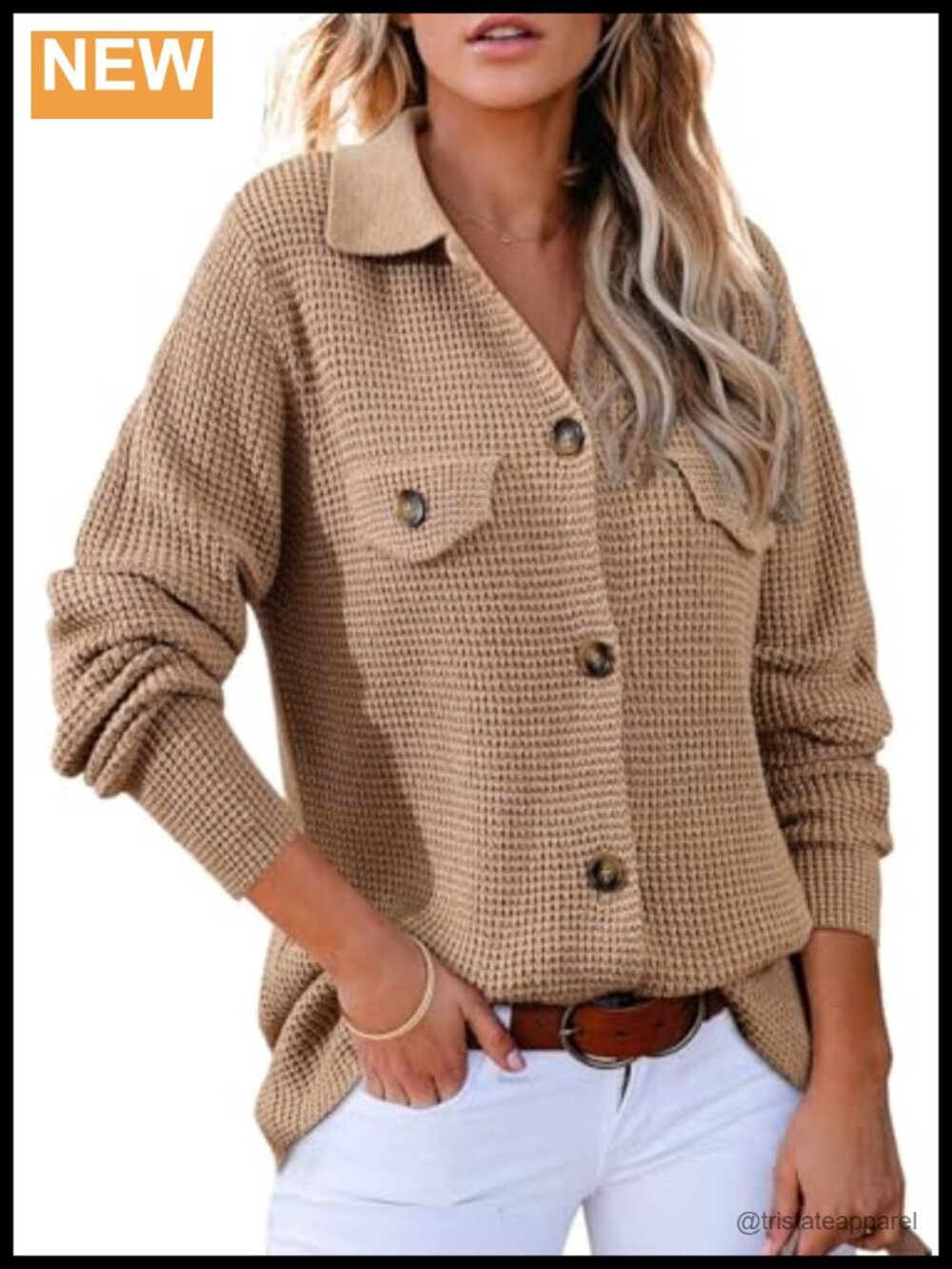 Womens Waffle Knit Button Down Shacket Cardigan Long Sleeve Loose Fit